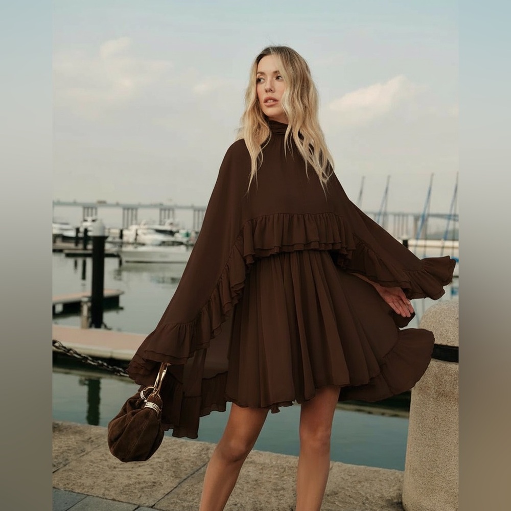 Commense Semi-Sheer Chiffon Ruffle Dress With Outer Cape